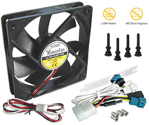 AcoustiFan - A range of very quiet, multi-purpose long-life PC fans supplied with accessories for truly noiseless operation. Image shows a Black AcoustiFan DustPROOF 120mm PC fan showing the metallic badge on the back of the fan motor. In the forground are the fan accessories: a 3-speed fan cable, 4x tie wraps and 4x fan mounting screws. Also showing graphics depicting low noise and no dust ingress